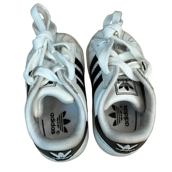 ADIDAS Baby Toddler 4K Superstar 3 Stripe Leather Sneakers White With Navy Blue - Picture 7 of 15